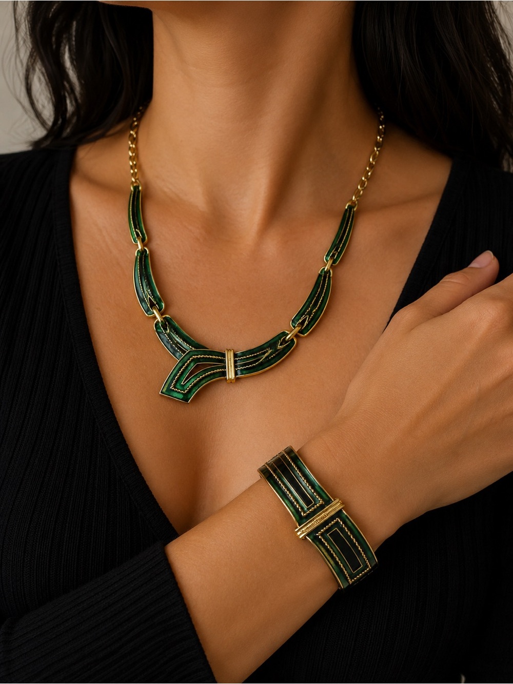 Vintage Signed JOMAZ Green Black Enamel Necklace Bracelet Set Art Deco